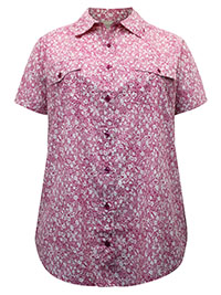 MAGENTA Paisley Ditsy Short Sleeve Rounded Hem Utility Cotton Shirt - Plus Size 20/22 (US L)