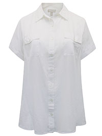 WHITE Short Sleeve Rounded Hem Utility Cotton Shirt - Plus Size 16/18 to 36/38 (US M to 4X)