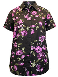 BLACK Purple Rose Floral Short Sleeve Kate Big Shirt - Plus Size 14 to 30 (US 12W to 28W)