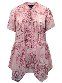 PINK Blooming Rose Faux Pearl Button Hanky Georgette Blouse - Plus Size 14 to 34 (US 12W to 32W)