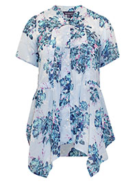 BLUE Blooming Rose Faux Pearl Button Woven Blouse - Plus Size 20 to 34 (US 18W to 32W)