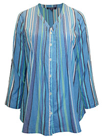 BLUE Striped Santa Fe Cotton Shirtail Hem Tunic - Plus Size 14 to 34 (US 12W to 32W)