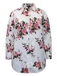 WHITE Mixed Flowers Long Sleeve Kate Big Shirt - Plus Size 14 to 34 (US 12W to 32W)