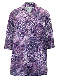 PURPLE Grape Medallion 3Q Sleeve Opaque Crepe Timeless Blouse- Plus Size 16/18 to 40 (US 0X to 6X)