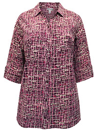 BURGUNDY Painted Tweed 3Q Sleeve Opaque Crepe Timeless Blouse - Plus Size 20/22 to 40 (US 1X to 6X)