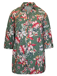 GREEN Olive Tropical Floral 3Q Sleeve Opaque Crepe Timeless Blouse - Plus Size 16/18 to 40 (US 0X to 6X)