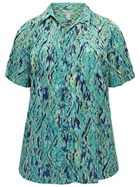 TURQUOISE Waterfall Ikat Diamonds Timeless Short Flutter Sleeve Blouse - Plus Size 16/18 to 36/38 (US 0X to 5X)