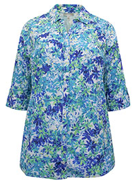 BLUE Floral Print 3Q Sleeve Opaque Crepe Timeless Blouse - Plus Size 16/18 to 40 (US 0X to 6X)