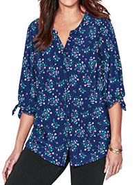 NAVY Georgette Georgette Button Front Tie Sleeve Cafe Blouse - Plus Size 20/22 to 40 (US 1X to 6X)