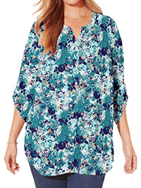 TURQUOISE Waterfall Layered Floral Breezeway Georgette Blouse - Plus Size 20/22 to 36/38 (US 1X to 5X)