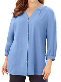 FRENCH BLUE Bracelet Sleeve Light & Airy Y-Neck Blouse - Plus Size 16/18 to 40 (US 0X to 6X)