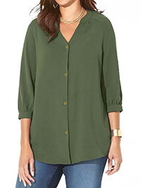 OLIVE GREEN Bracelet Sleeve Light & Airy Y-Neck Blouse - Plus Size 16/18 to 40 (US 0X to 6X)