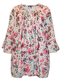 SAND Painterly Floral Flounce Sleeve Georgette Pintuck Blouse - Plus Size 36/38 to 40 (US 5X to 6X)