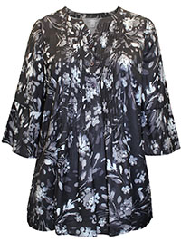 BLACK Painterly Floral Flounce Sleeve Georgette Pintuck Blouse - Plus Size 16/18 to 32/34 (US 0X to 4X)