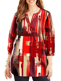 RED Poppy Abstract Brushstroke Notch Neck Georgette Pintuck Tunic - Plus Size 20/22 to 40 (US 1X to 6X)