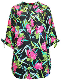 BLACK Tropical Floral Georgette Button Front Tie Sleeve Cafe Blouse - Plus Size 16/18 to 28.30 (US 0X to 3X)