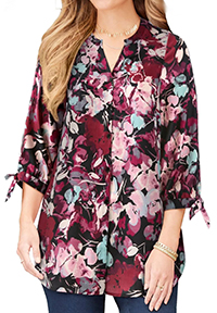 BLACK Berry Painterly Floral Georgette Button Front Tie Sleeve Cafe Blouse - Plus Size 24/26 to 32/34 (US 2X to 4X)