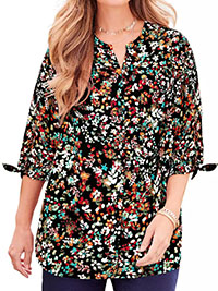 BLACK  Ditsy Floral Georgette Button Front Tie Sleeve Cafe Blouse - Plus Size 28/30 to 36/38 (US 3X to 5X)