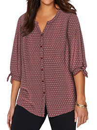 WINE Tile Print Georgette Button Front Tie Sleeve Cafe Blouse - Plus Size 16/18 to 40 (US 0X to 6X)