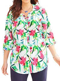 WHITE Tropical Floral Georgette Button Front Tie Sleeve Cafe Blouse - Plus Size 16/18 to 40 (US 0X to 6X)