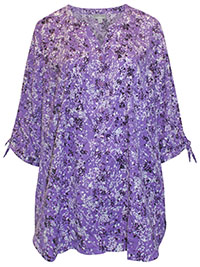 PURPLE Print Georgette Button Front Tie Sleeve Cafe Blouse  - Plus Size 24/26 to 32/34 (US 2X to 4X)