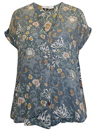 BLUE Pure Cotton Floral Print Cap Sleeve Blouse - Size 14 to 16