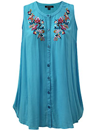 BLUE Sleeveless Floral Embroidered Blouse - Plus Size 16 to 32 (US 14W to 30W)
