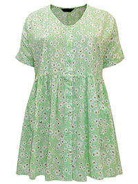 GREEN Daisy Print Button Front Smock Tunic - Plus Size 16 to 38/40