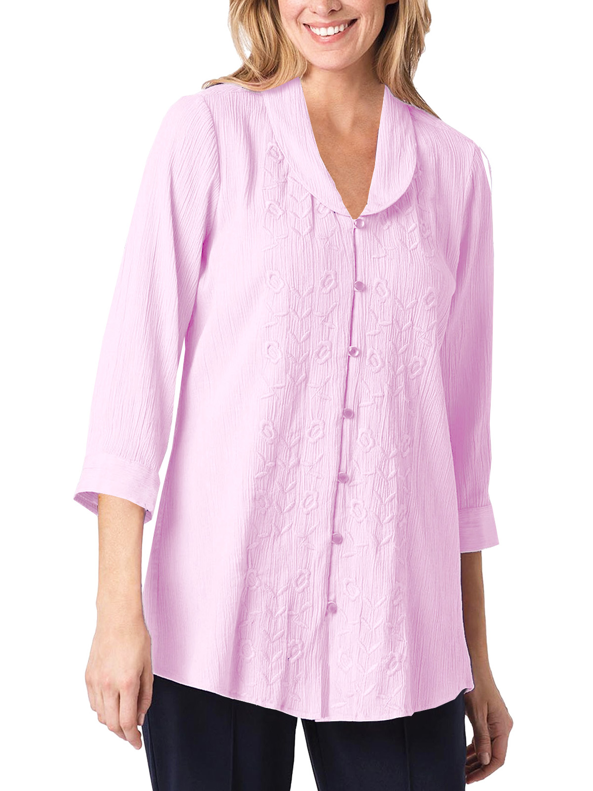 Woman Within - - Woman Within PINK Crinkle Cotton Embroidered Longline ...