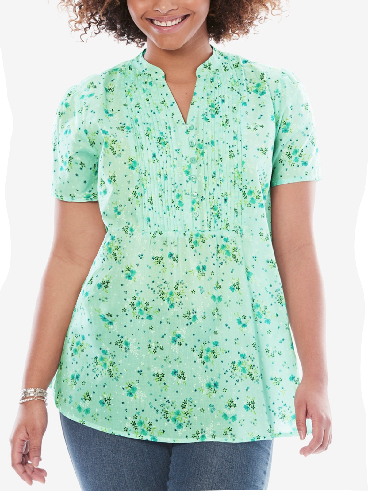 Woman Within - - Woman Within SPRING Mini Blossom Pintuck Half-Button