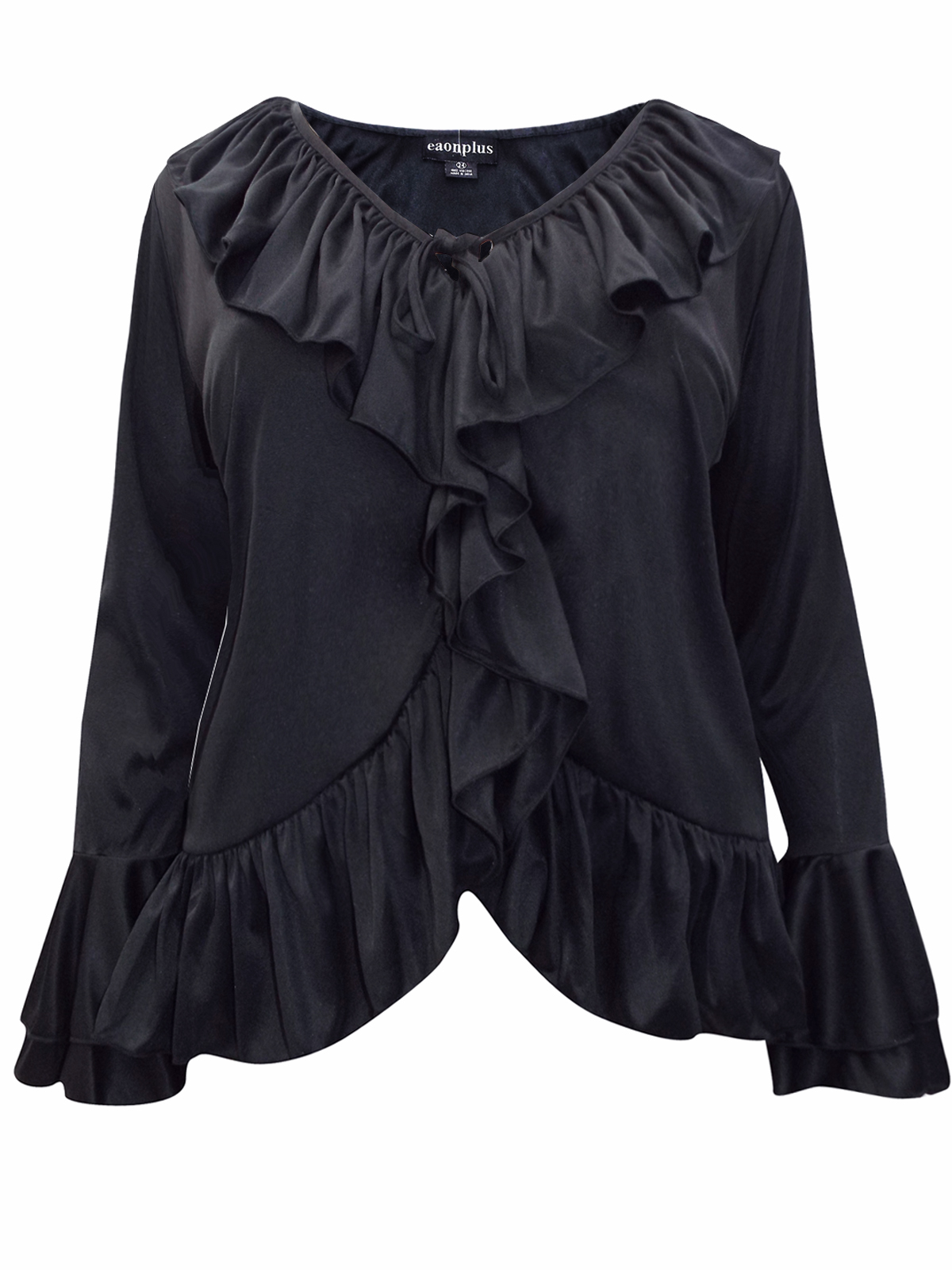 eaonplus BLACK Long Bell Sleeve Ruffle Front Blouse - Plus Size 14 to 36
