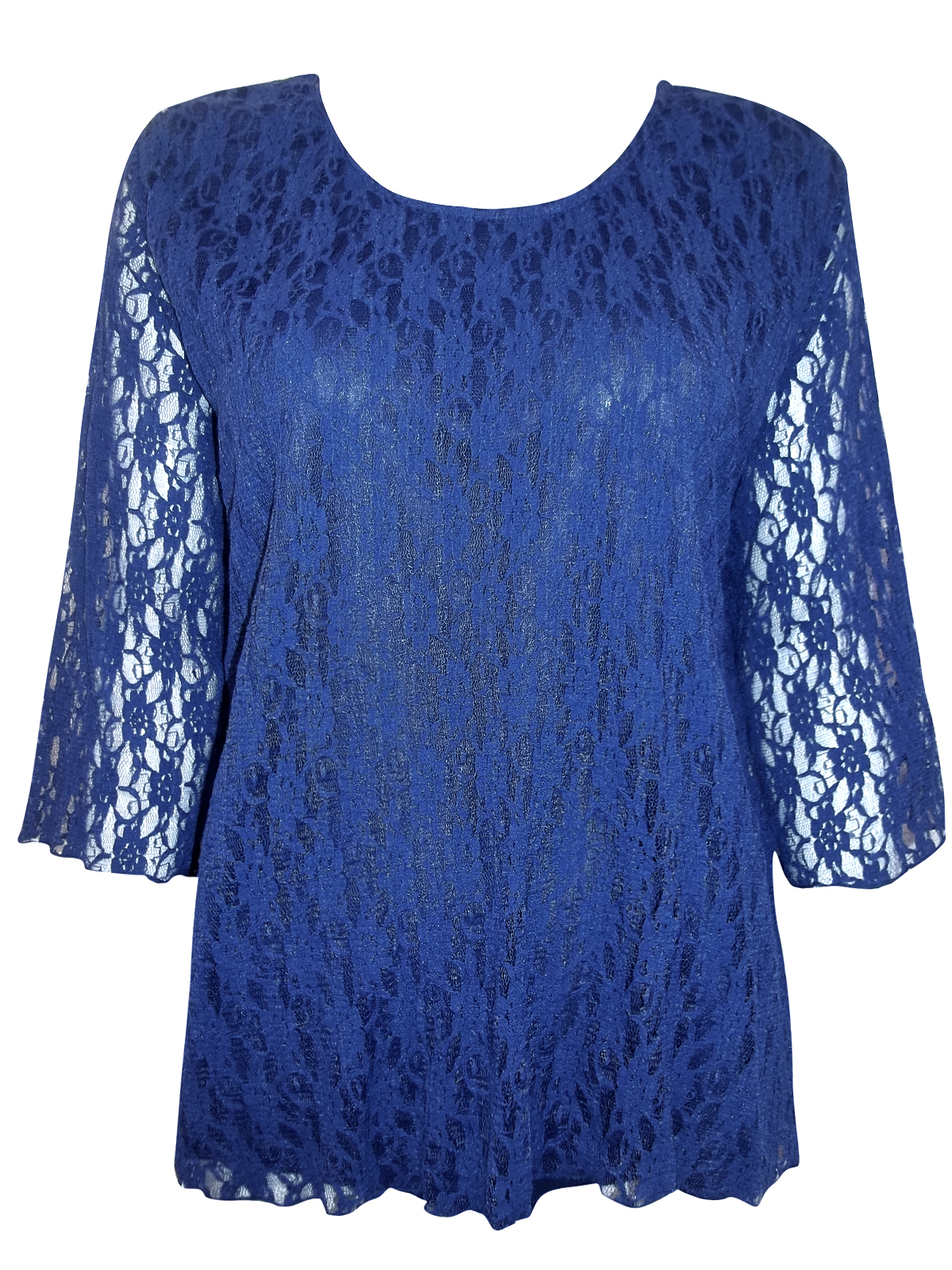 Eaonplus BLUE Overlaid Lace 3/4 Sleeve Top - Plus Size 18 to 32