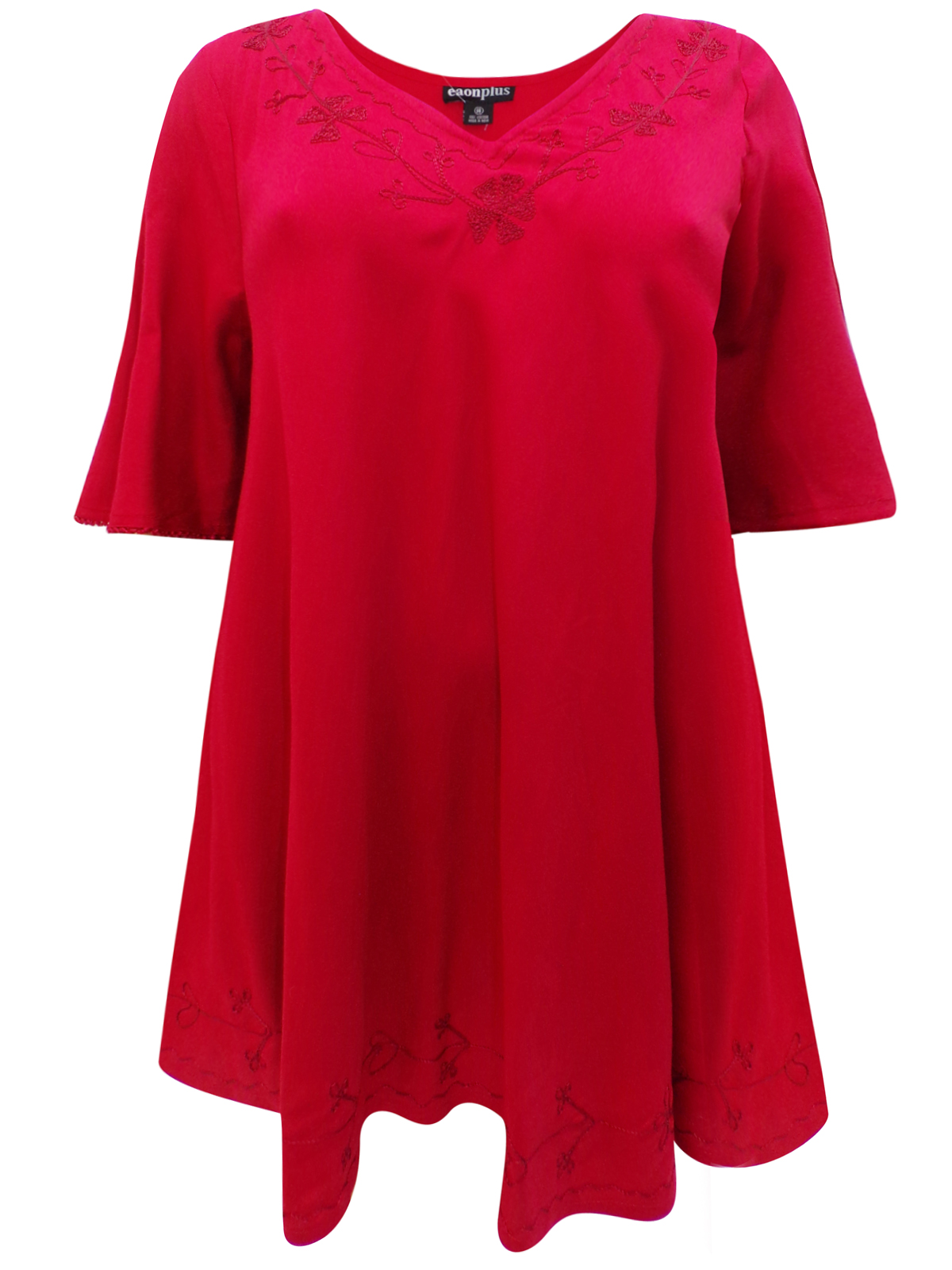 eaonplus RED Embroidered Trim Curved Hem Blouse - Plus Size 18 to 32