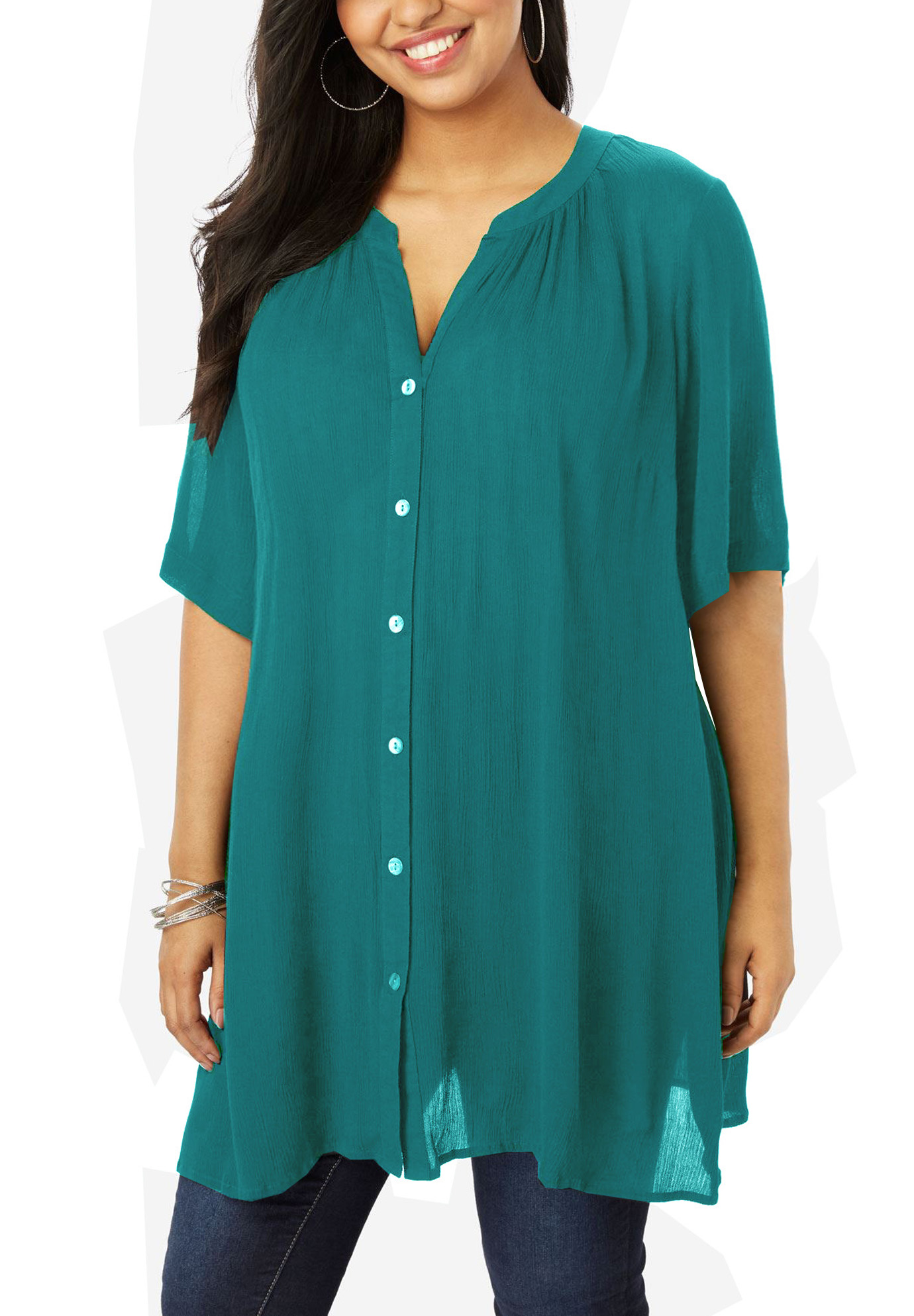 Roamans Roamans Teal Button Through Crinkle Angelina Tunic Blouse Plus Size 14 To 38 1293