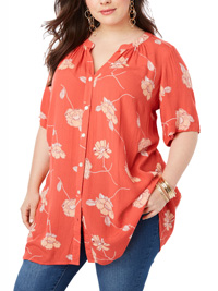 Roamans CORAL Floral Print Crinkle Angelina Tunic - Plus Size 14 to 36 (US 12W to 34W)