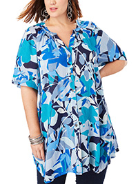Roamans BLUE Printed Short-Sleeve Angelina Tunic - Plus Size 14 to 38 (US 12W to 36W)