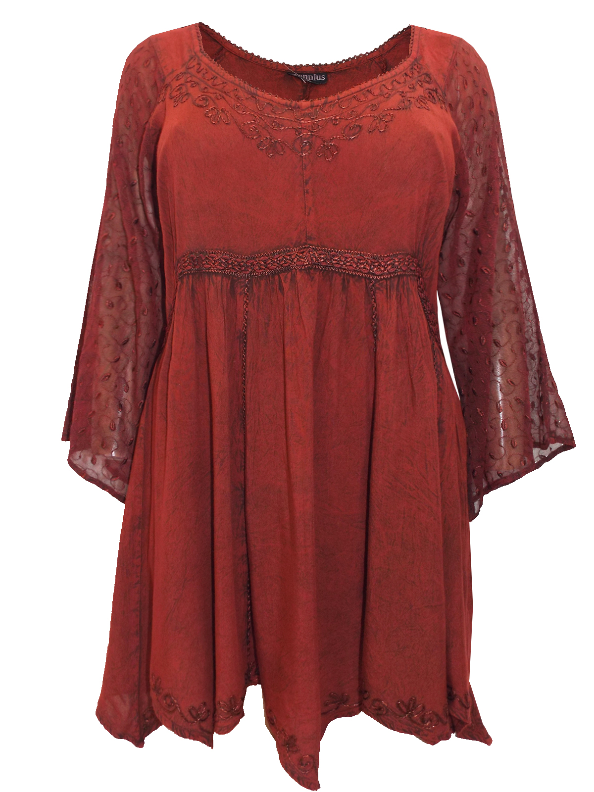 Eaonplus DARK RED Empire Renaissance Embroidered Tunic - Plus Size 18 to 32