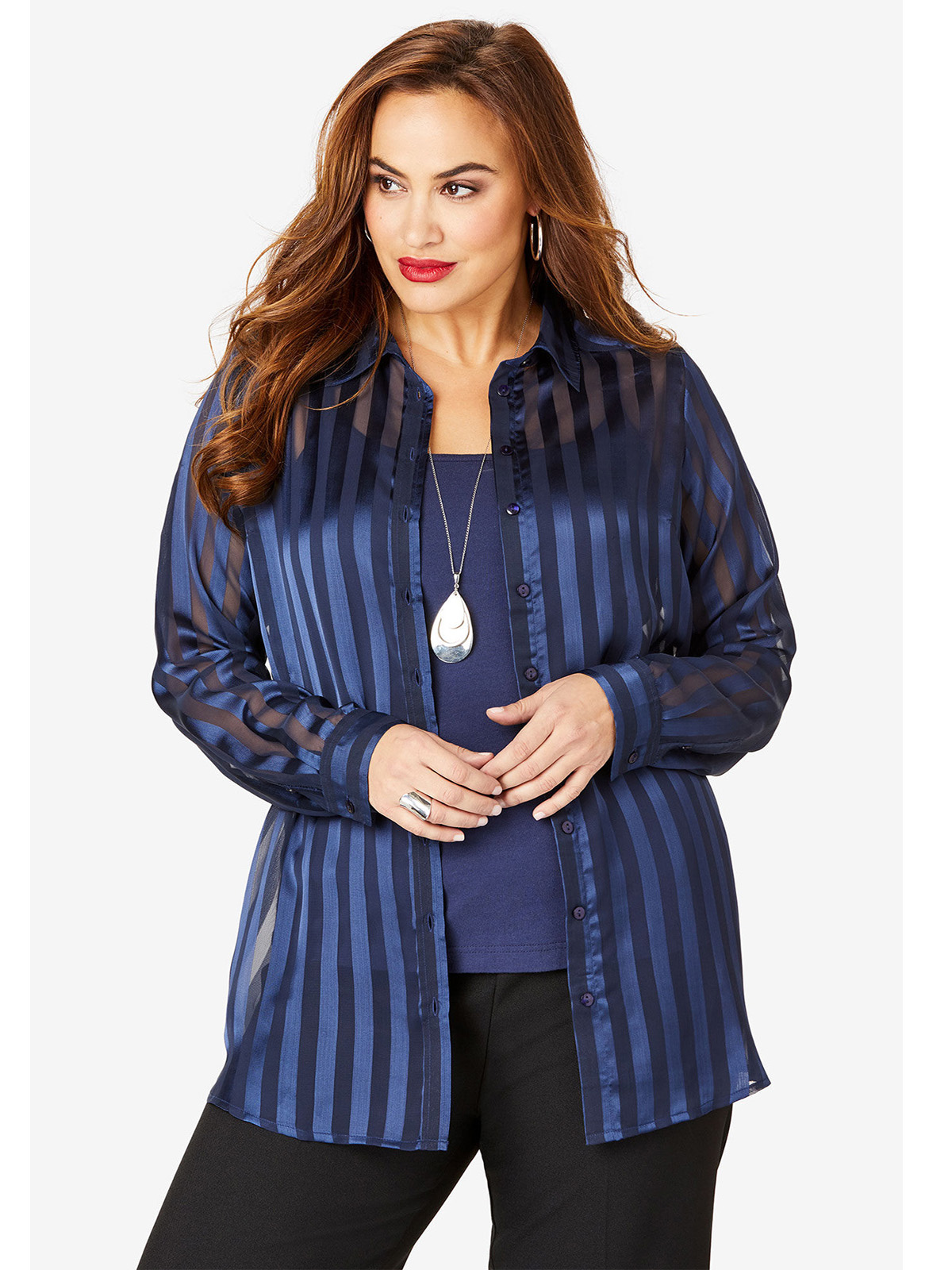 Roamans Roamans Navy Satin Striped Georgette Tunic Plus Size 14 To 18 Us 12w To 16w 0026