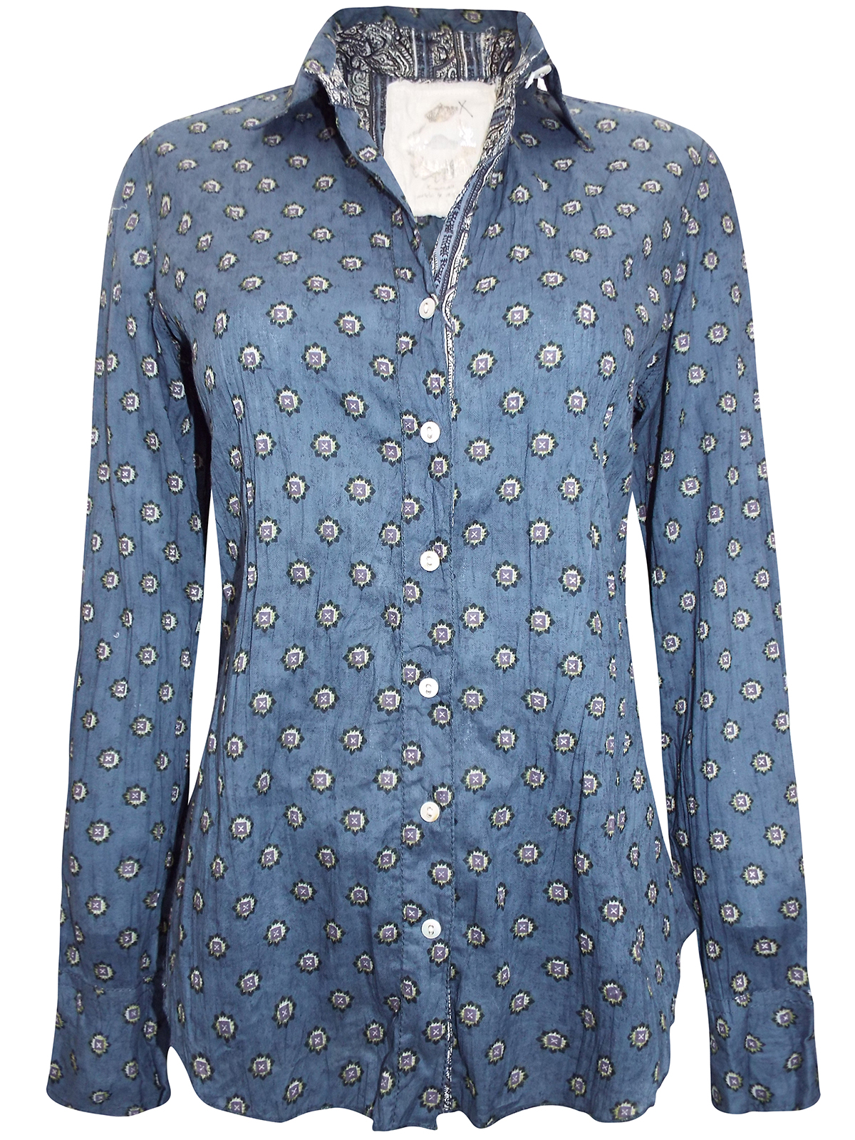 CINO - - CINO NAVY Printed Pure Cotton Crinkle Shirt - Size 10 (XS)