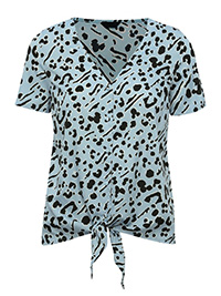 LIGHT-BLUE Animal Print Button Tie Front Top - Size 10 to 14