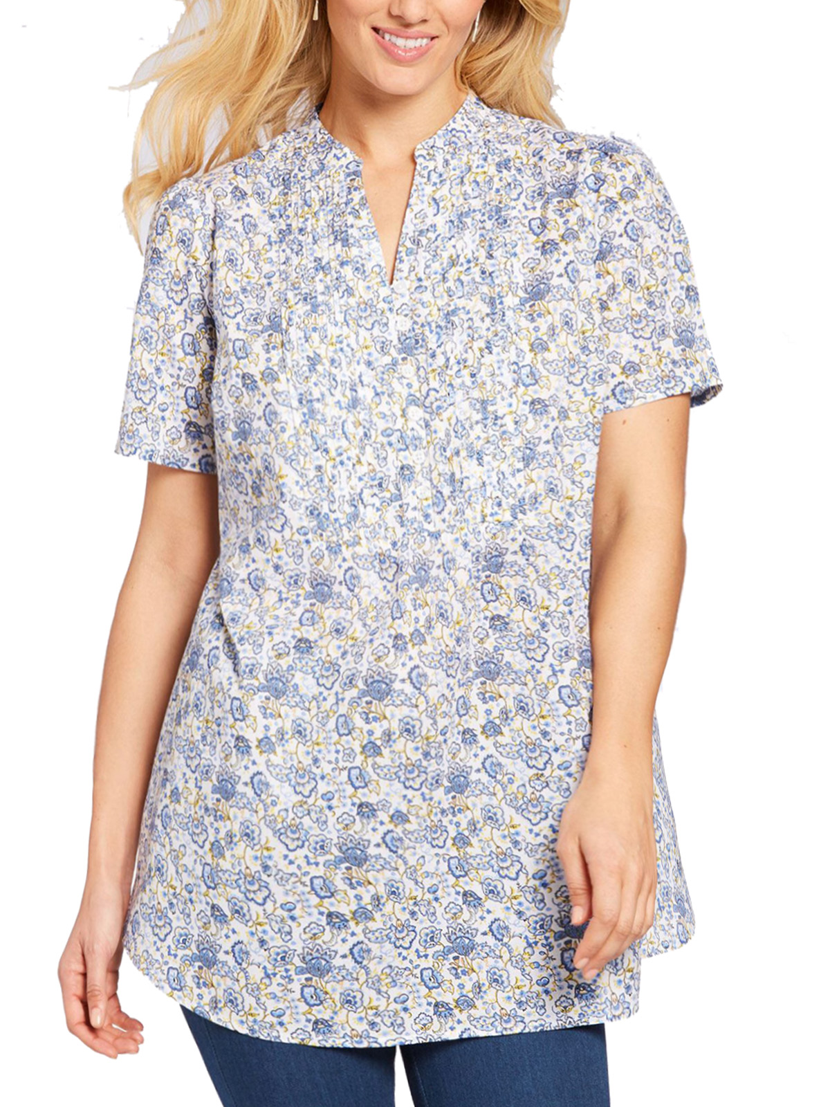 Woman Within - - Woman Within BLUE Ditsy Floral Pleat Half-Button Tunic ...