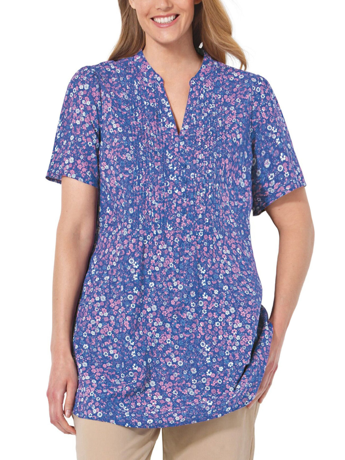 Woman Within - - Woman Within PURPLE Ditsy Floral Pleat Half-Button ...