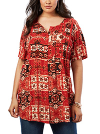 Roamans RED Patch Print Angelina Scoop Neck Crinkle Crepe Tunic - Plus Size 16 to 36 (US 14W to 34W)