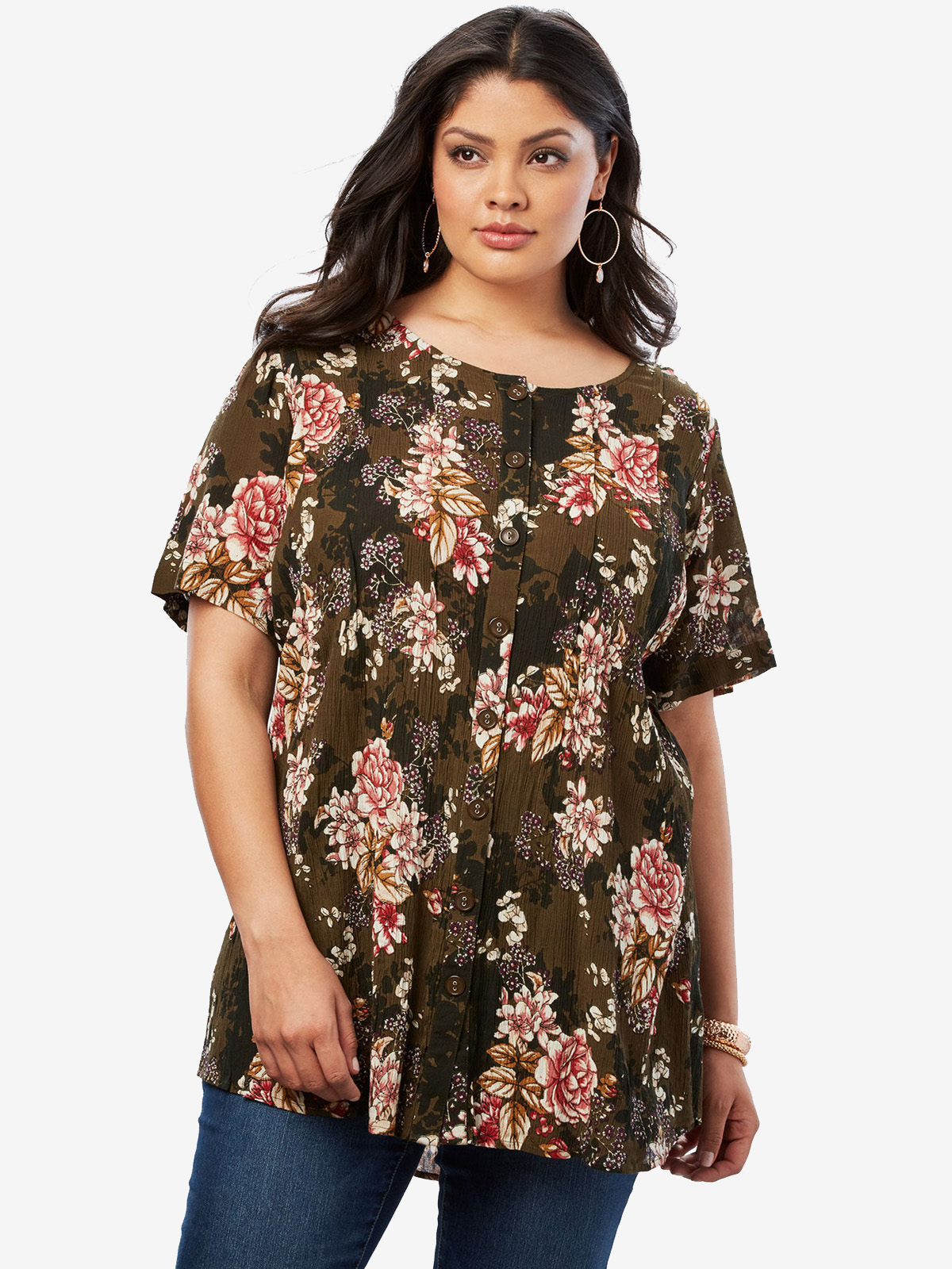 Romans - - Roamans GREEN Floral Angelina Scoop Neck Crinkle Crepe Tunic ...