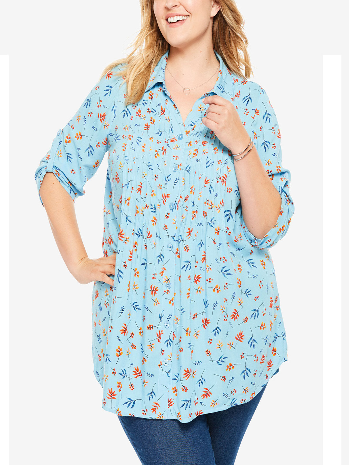 Woman Within - - Woman Within BLUE FLOATING LEAVES Pintuck Tunic Shirt ...