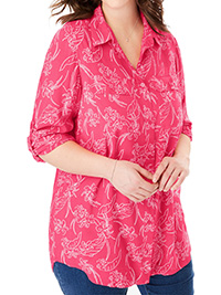 Woman Within TEA-ROSE Sketch Floral Utility Button Down Shirt - Plus Size 20/22 to 28/30 (US L to 2X)