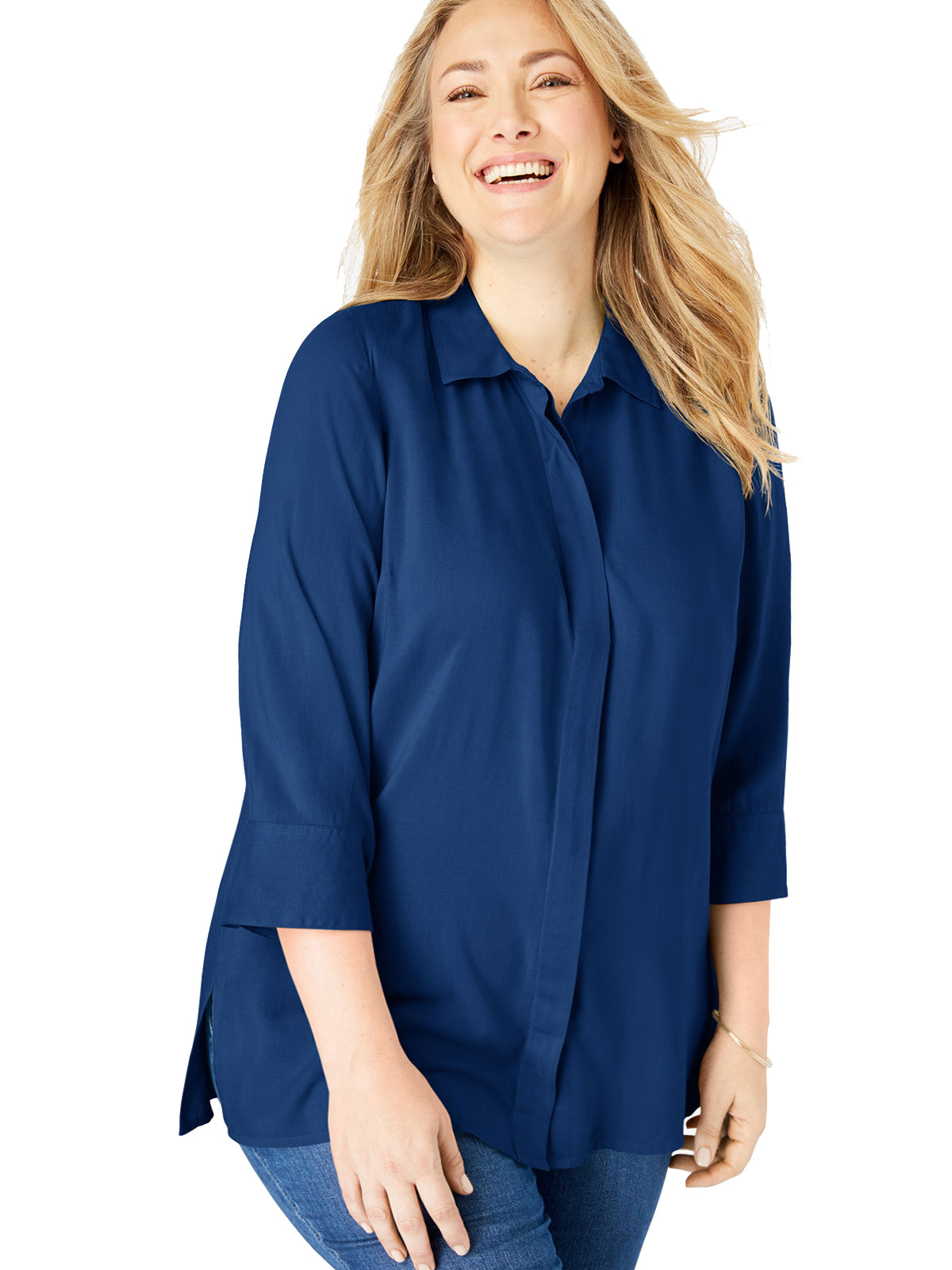 Woman Within - - Woman Within NAVY Elbow Sleeve A-Line Blouse - Plus ...
