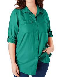 Woman Within FOLIAGE-GREEN Utility Button Down Shirt - Plus Size 20/22 (US L)