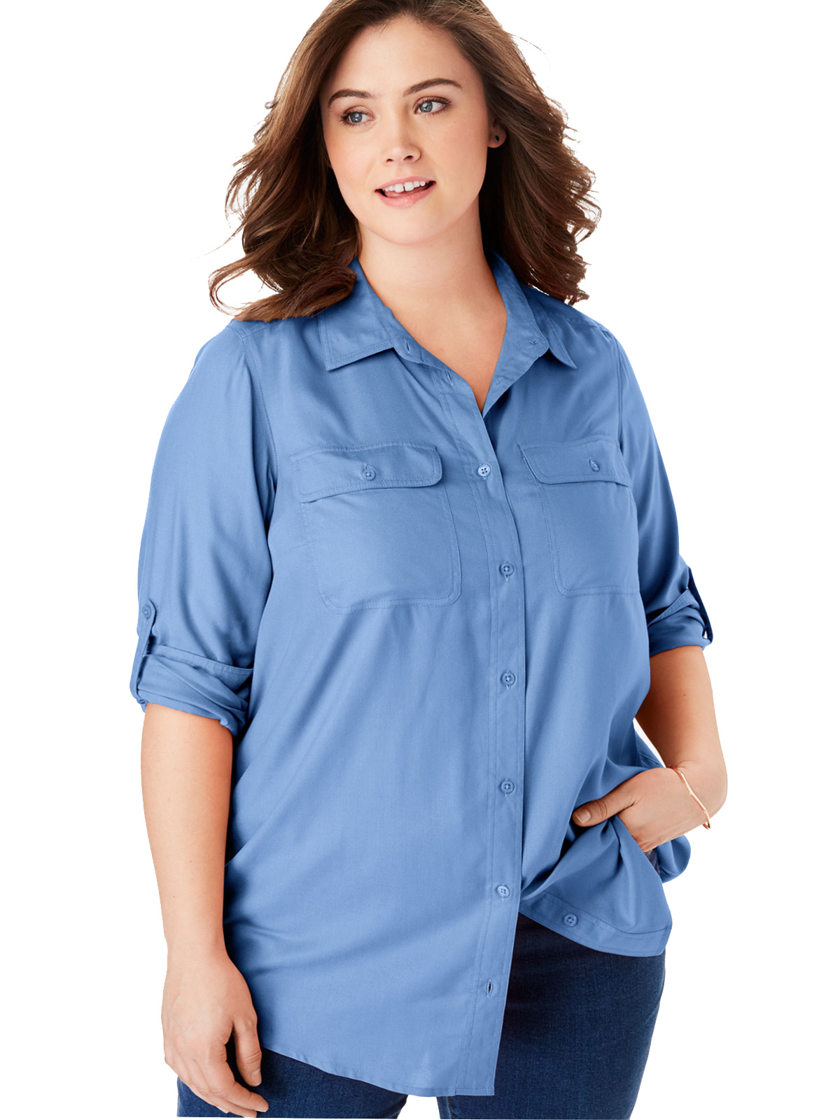 Woman Within - - Woman Within FRENCH BLUE Utility Button Down Shirt ...