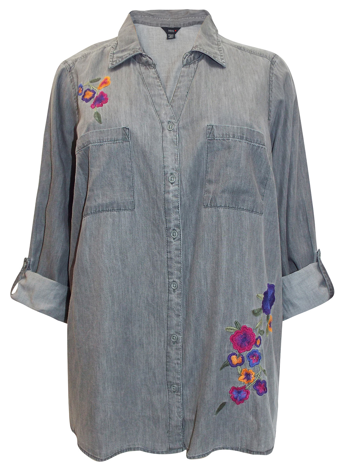 Intro - - Intro GREY Floral Embroidered Dipped Hem Denim Shirt - Plus ...